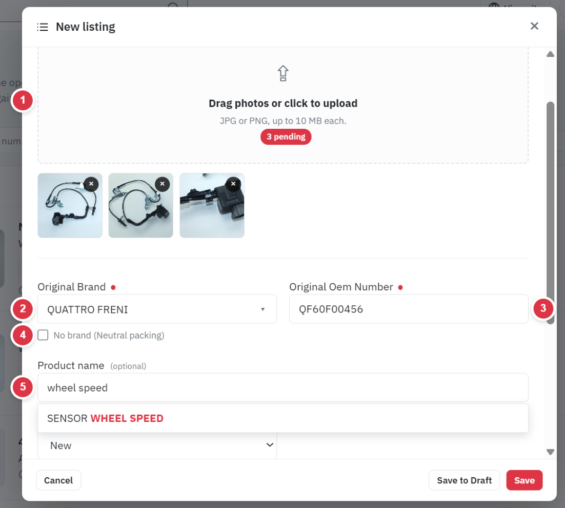 The top of the New listing form on ok.parts: photos, original brand, OEM number, No brand checkbox and product name