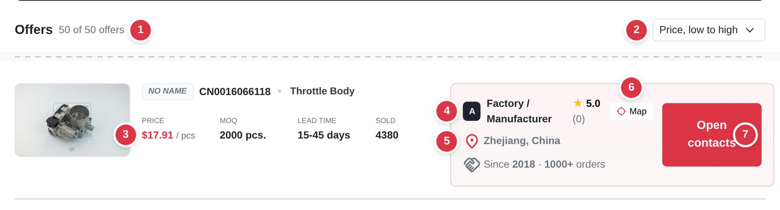 The list of offers on ok.parts with the number of offers, the sort menu and an offer card of a rank A factory