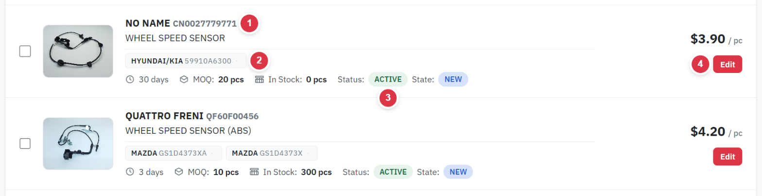 Two listings in the My listings section of an ok.parts account