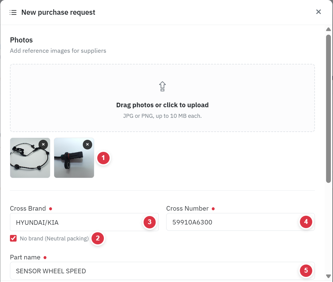 The New purchase request form on ok.parts with the No brand box ticked and reference photos
