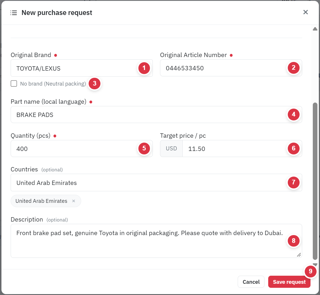 The New purchase request form on ok.parts filled in for a genuine Toyota part