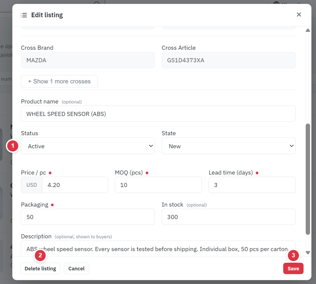 The Edit listing form on ok.parts with the status list and the Delete listing button