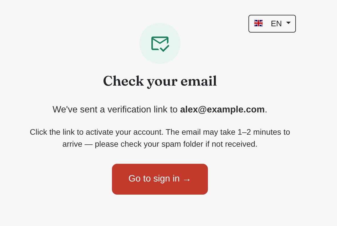 The Check your email screen shown after the ok.parts registration form is submitted