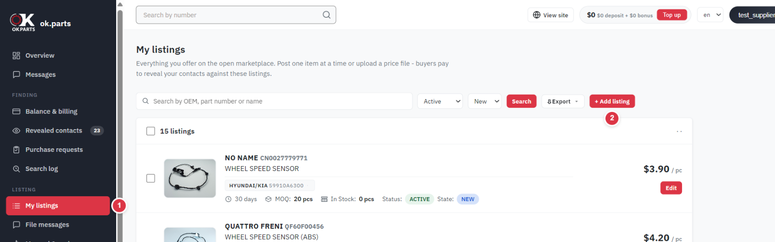 The My listings section and the Add listing button in an ok.parts account