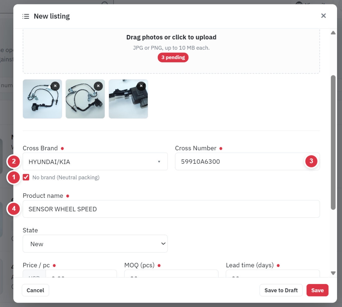 The New listing form with the No brand box ticked: the fields change to Cross Brand and Cross Number