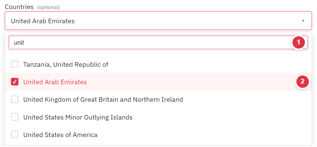 The Countries list in the ok.parts purchase request form with the United Arab Emirates ticked