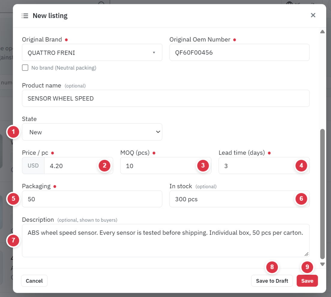 The lower part of the New listing form on ok.parts: state, price, MOQ, lead time, packaging, stock, description and the save buttons