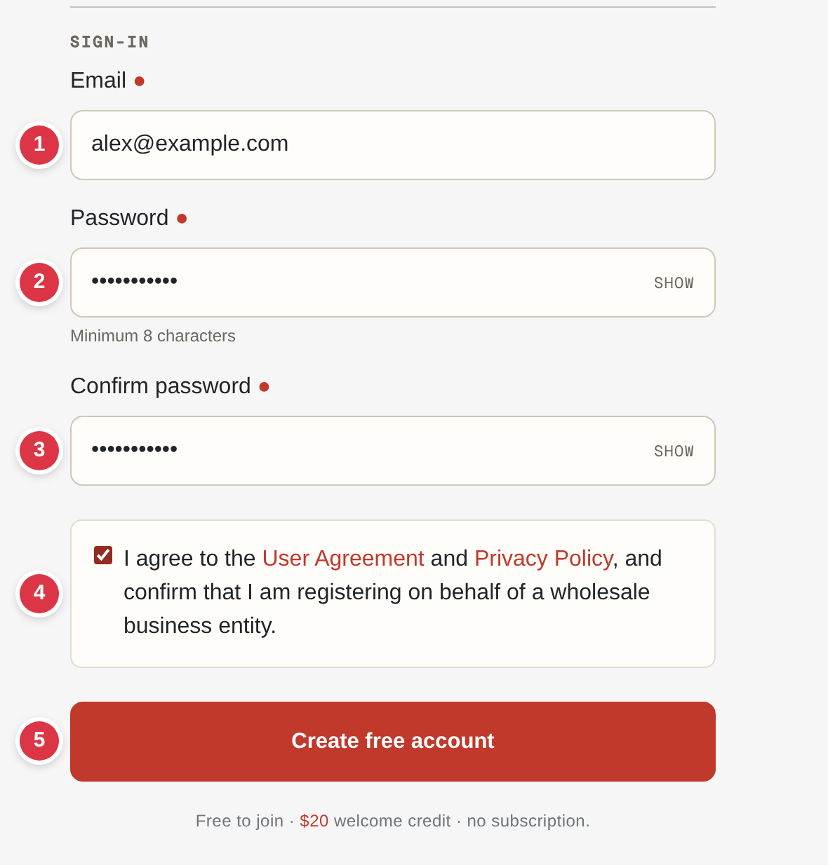 The Sign-in block of the ok.parts registration form with the agreement checkbox and the Create free account button
