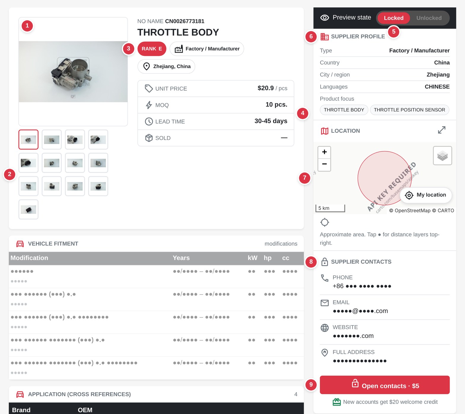 An ok.parts offer page with the photos, rank, price block, preview state, supplier profile, location map and hidden supplier contacts