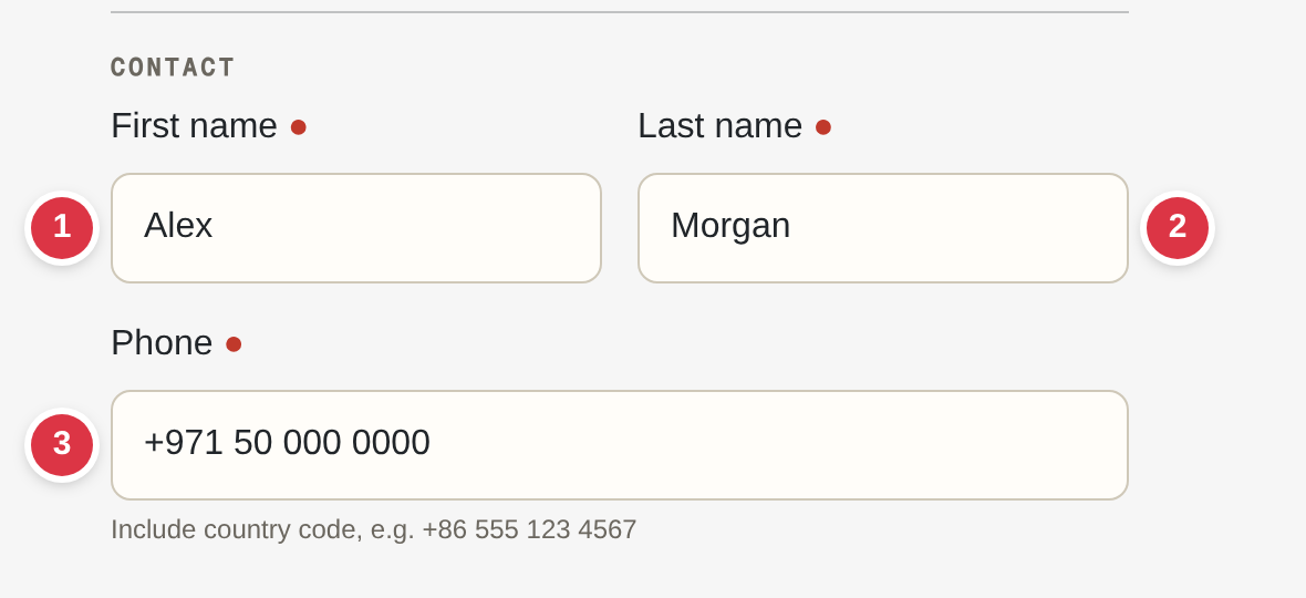 The Contact block of the ok.parts registration form: first name, last name and phone