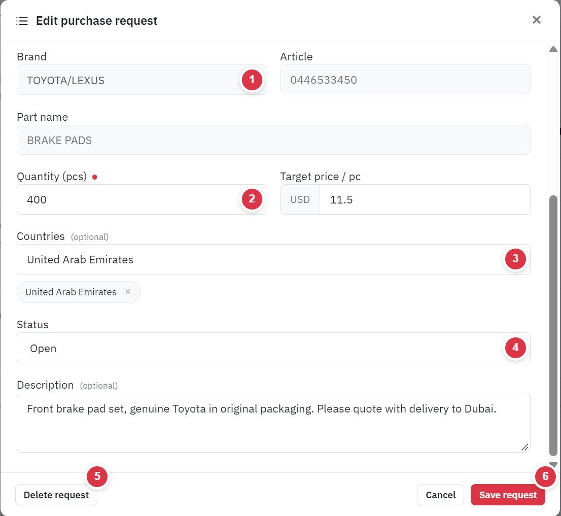 The Edit purchase request form on ok.parts with the Status list and the Delete request button