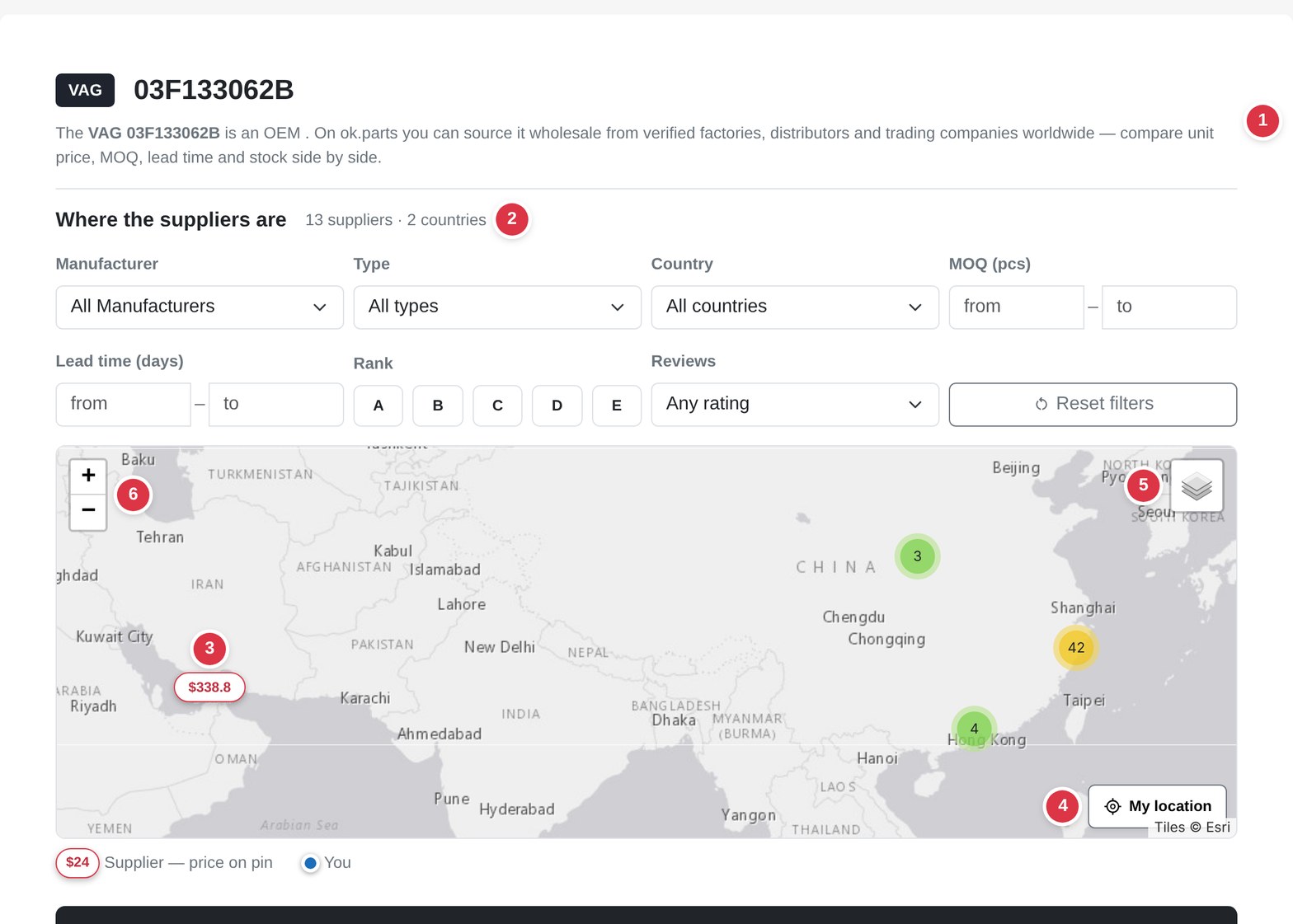The ok.parts offers page for VAG 03F133062B with the Where the suppliers are map, price pins and clusters