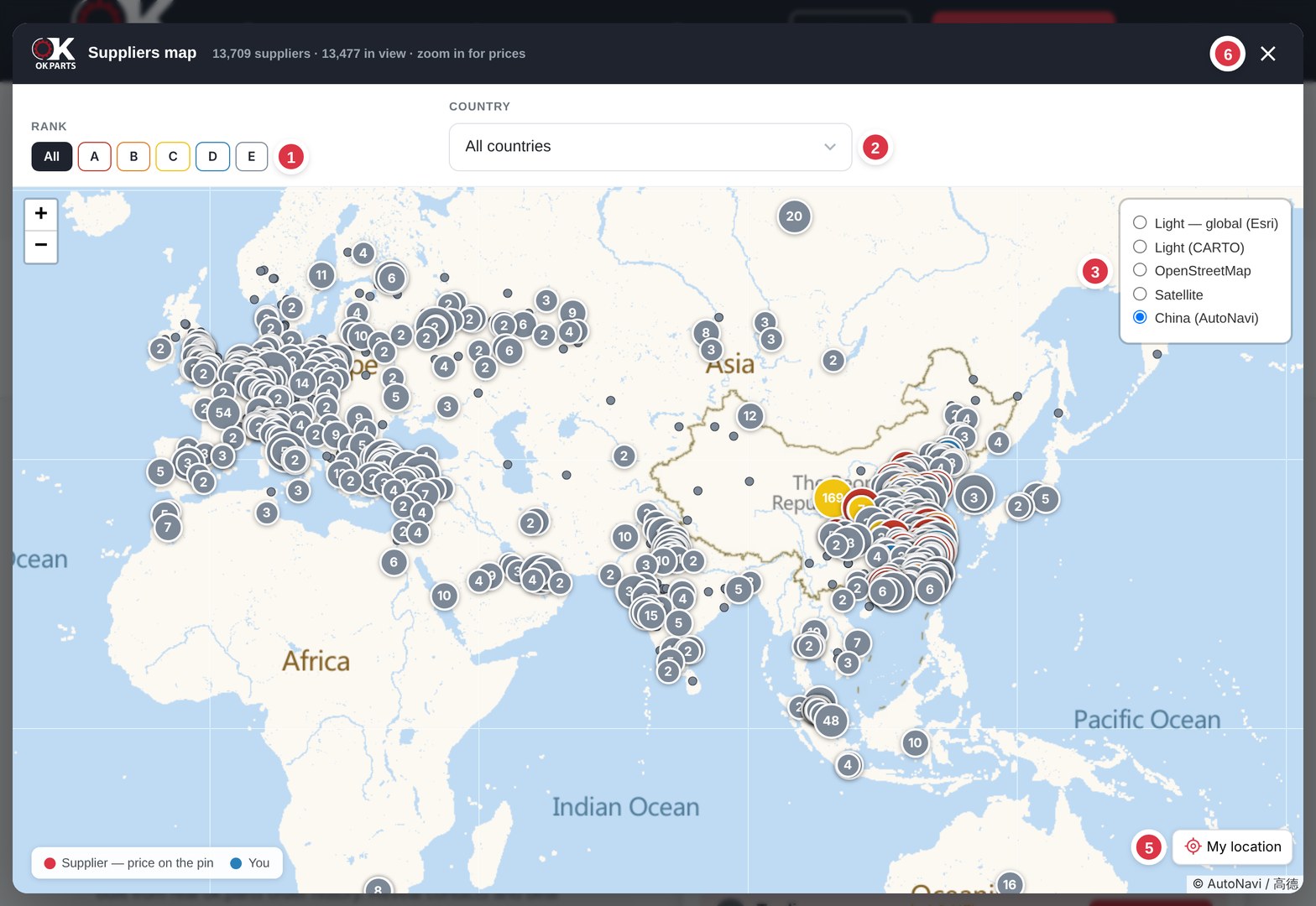 The full-screen ok.parts Suppliers map with the rank filter, the country menu, the map layers and the supplier clusters