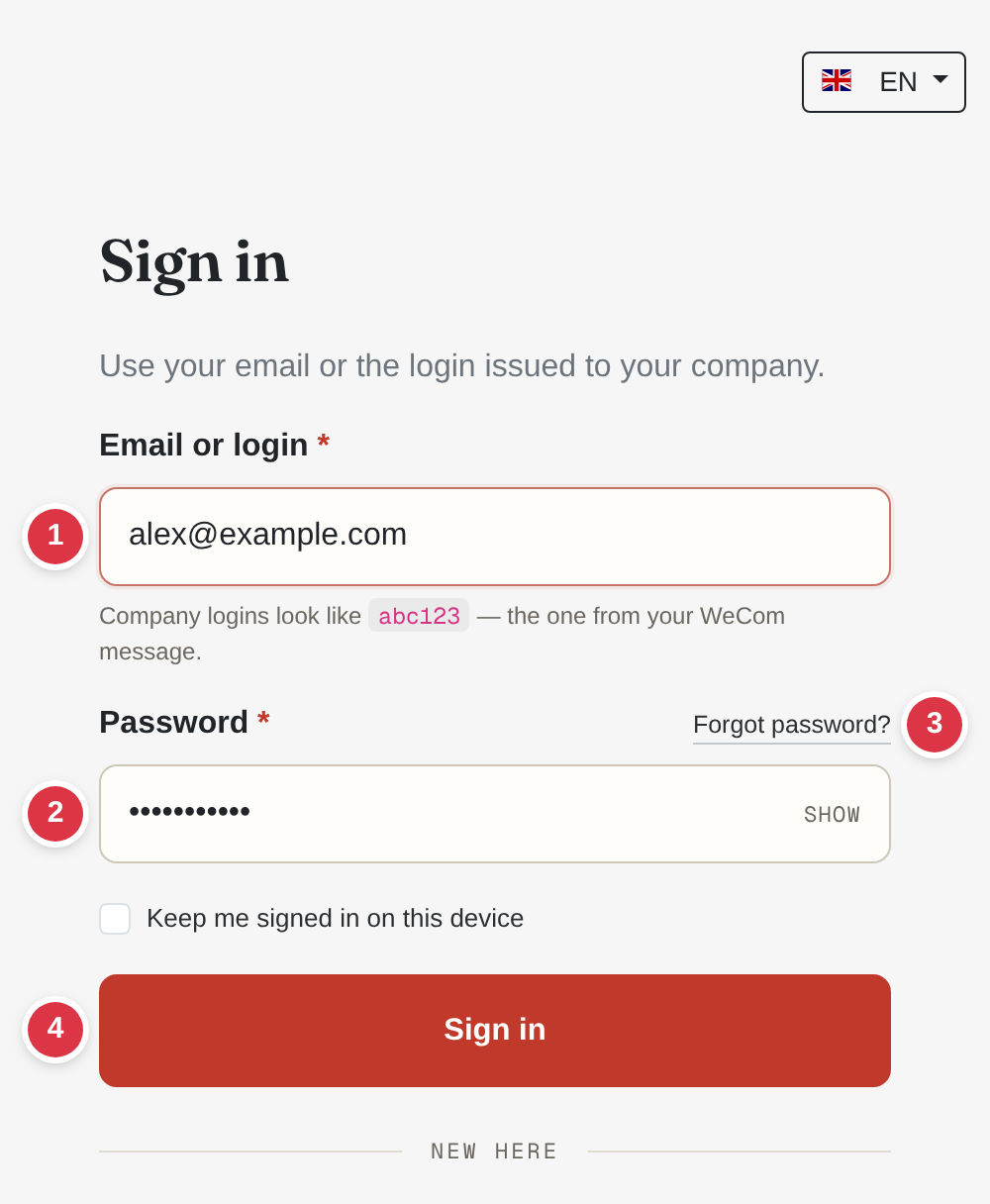The ok.parts sign-in form with the email and password fields