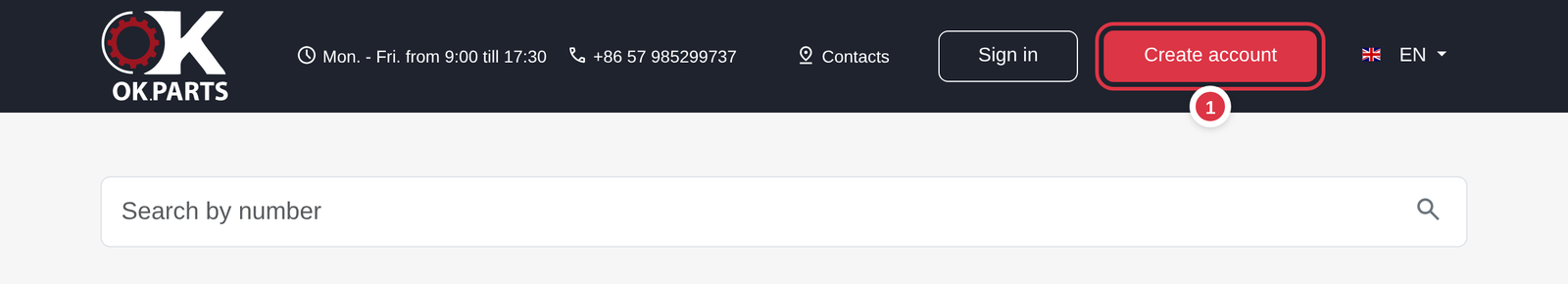 The Create account button in the header of ok.parts